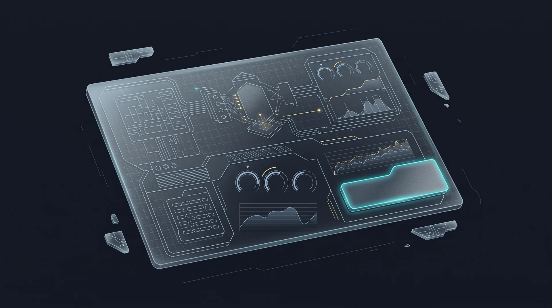 Frosted glass console schematic with version rows and central COMPILE button